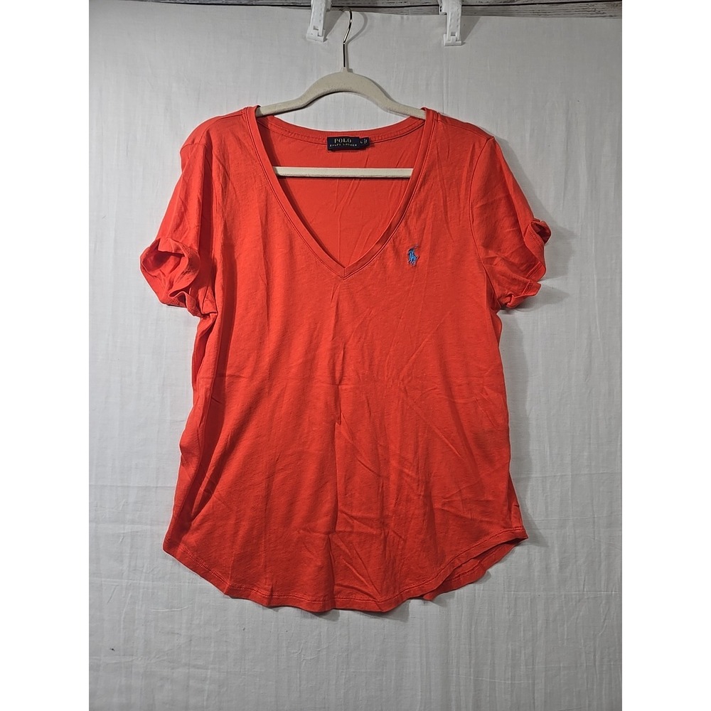 Polo Ralph Lauren T-Shirt Women's Large Orange V-Neck Round Hem Short Sleeves